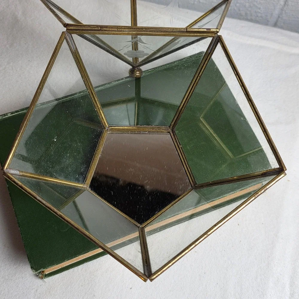 Vintage Brass Etched Glass Geometric Trinket Box Terrarium Mirrored Floral